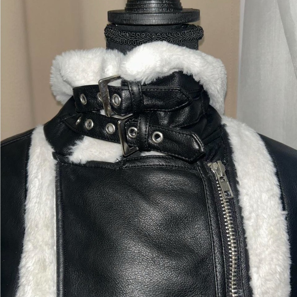 Women's Black and White Shearling Jacket - Picture 3 of 6